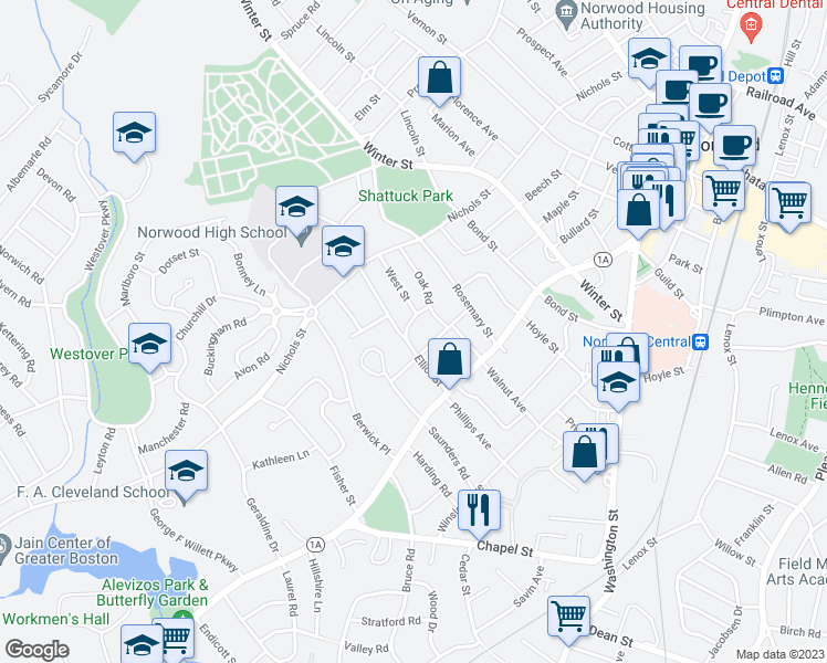 map of restaurants, bars, coffee shops, grocery stores, and more near 57 Crescent Avenue in Norwood