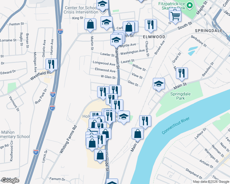 map of restaurants, bars, coffee shops, grocery stores, and more near 2147 Northampton Street in Holyoke
