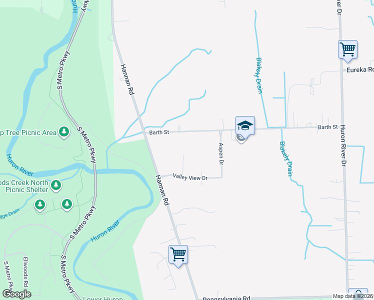 map of restaurants, bars, coffee shops, grocery stores, and more near 15998 Oster Drive in Romulus