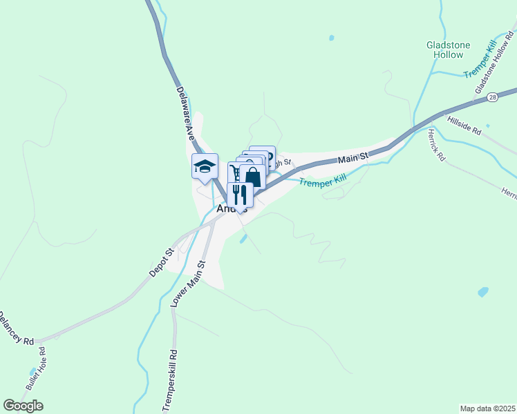 map of restaurants, bars, coffee shops, grocery stores, and more near 40 Lee Ln in Andes