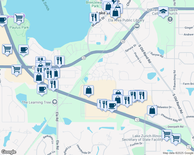 map of restaurants, bars, coffee shops, grocery stores, and more near 10 Rosehall Drive in Lake Zurich