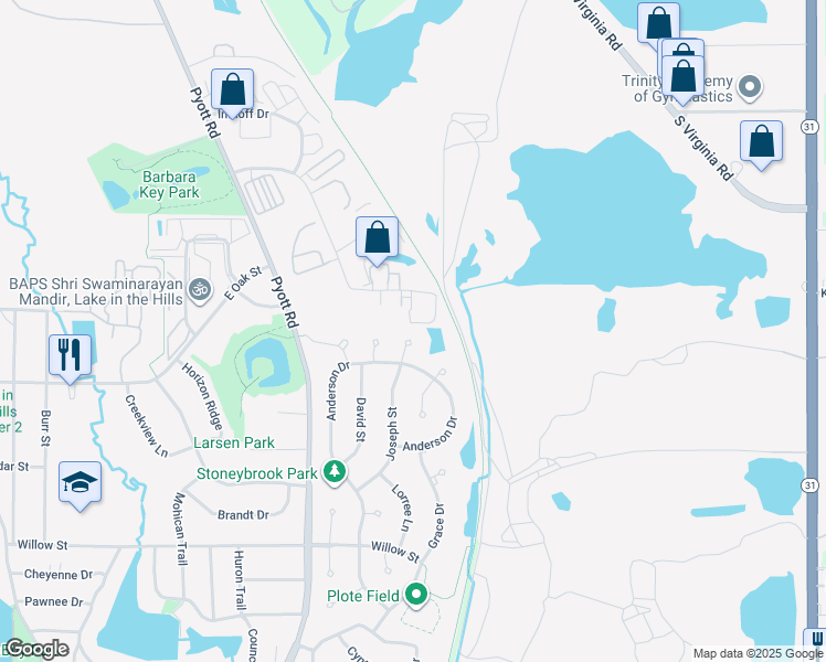 map of restaurants, bars, coffee shops, grocery stores, and more near 12 Joseph Court in Lake in the Hills