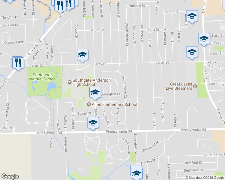 map of restaurants, bars, coffee shops, grocery stores, and more near 16351 Drake Street in Southgate