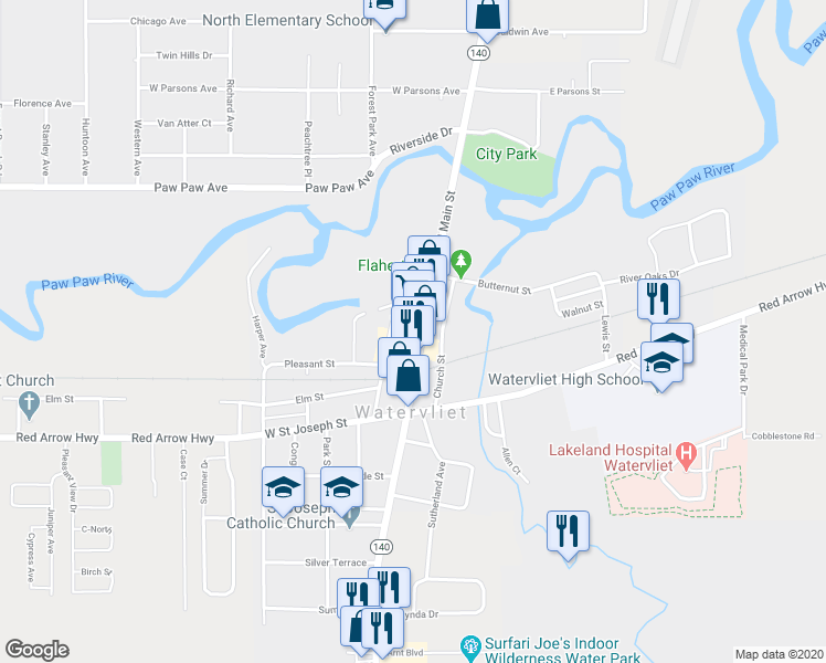 map of restaurants, bars, coffee shops, grocery stores, and more near 345 N Main St in Watervliet