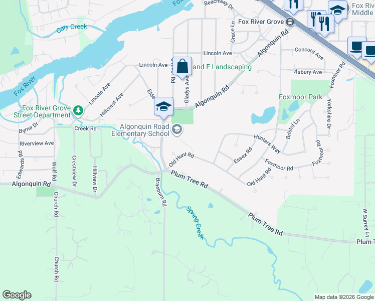 map of restaurants, bars, coffee shops, grocery stores, and more near 715 Old Hunt Road in Fox River Grove