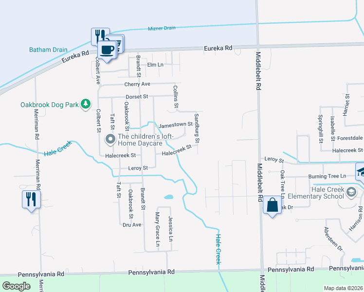 map of restaurants, bars, coffee shops, grocery stores, and more near 30072 Halecreek Street in Romulus