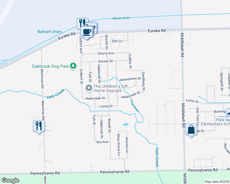 map of restaurants, bars, coffee shops, grocery stores, and more near 15730 Anthony Street in Romulus