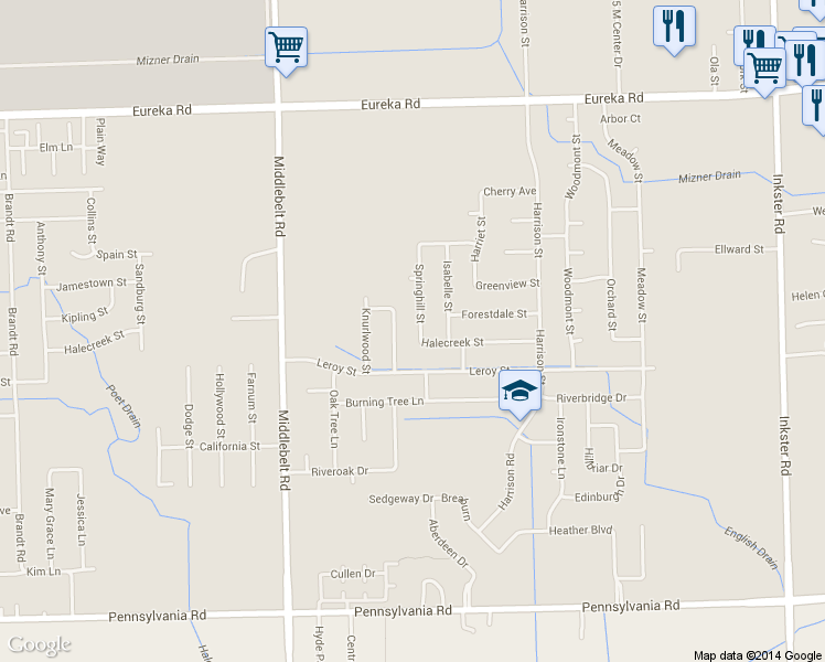 map of restaurants, bars, coffee shops, grocery stores, and more near 15830 Springhill Street in Romulus