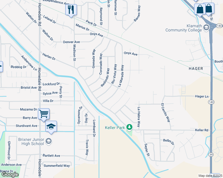 map of restaurants, bars, coffee shops, grocery stores, and more near 3933 Rio Vista Way in Klamath Falls