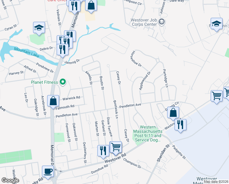 map of restaurants, bars, coffee shops, grocery stores, and more near 209 Bostwick Lane in Chicopee