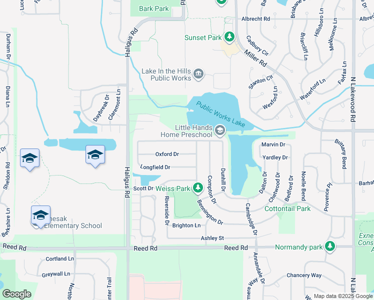 map of restaurants, bars, coffee shops, grocery stores, and more near 10348 Oxford Drive in Huntley