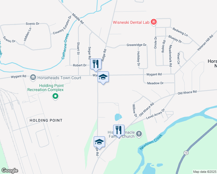 map of restaurants, bars, coffee shops, grocery stores, and more near 112 Ridge Road in Horseheads