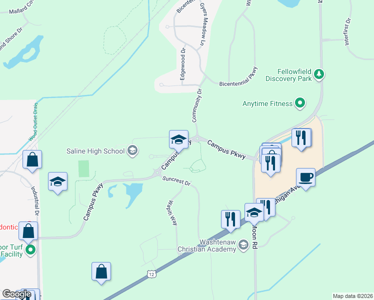 map of restaurants, bars, coffee shops, grocery stores, and more near 1155 Campus Parkway in Saline