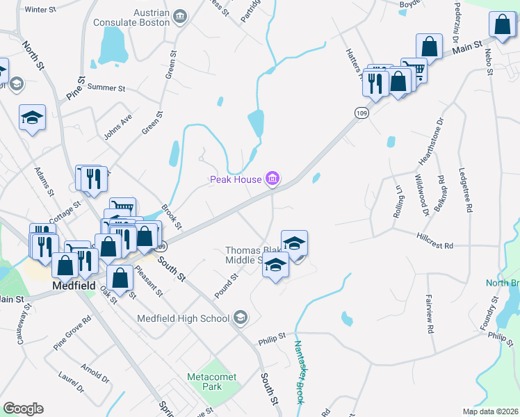map of restaurants, bars, coffee shops, grocery stores, and more near 362 Main Street in Medfield