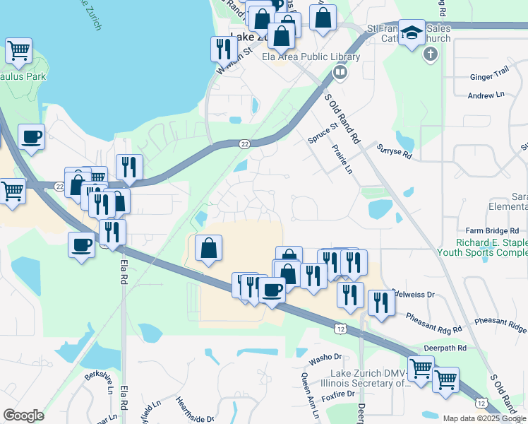 map of restaurants, bars, coffee shops, grocery stores, and more near 130 Rosehall Drive in Lake Zurich