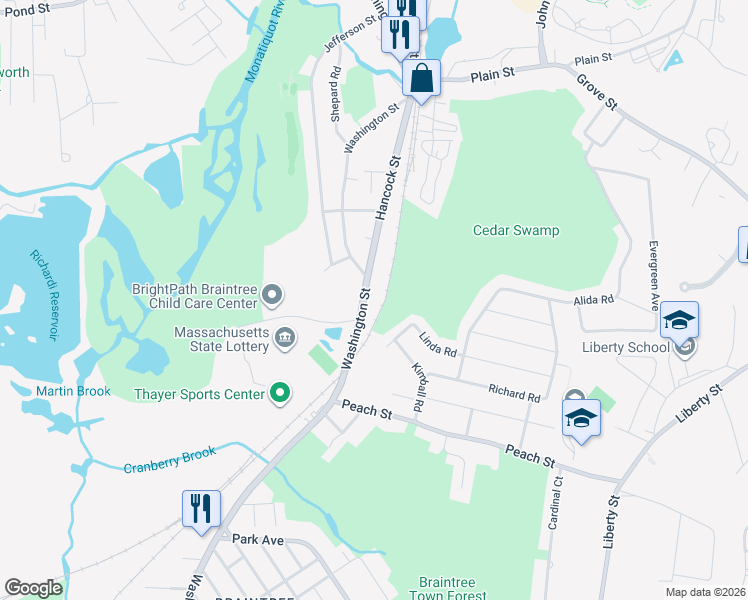 map of restaurants, bars, coffee shops, grocery stores, and more near 1430 Washington Street in Braintree