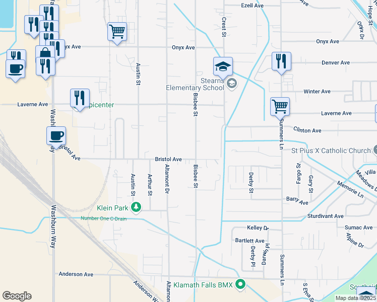 map of restaurants, bars, coffee shops, grocery stores, and more near 3511 Bristol Avenue in Klamath Falls