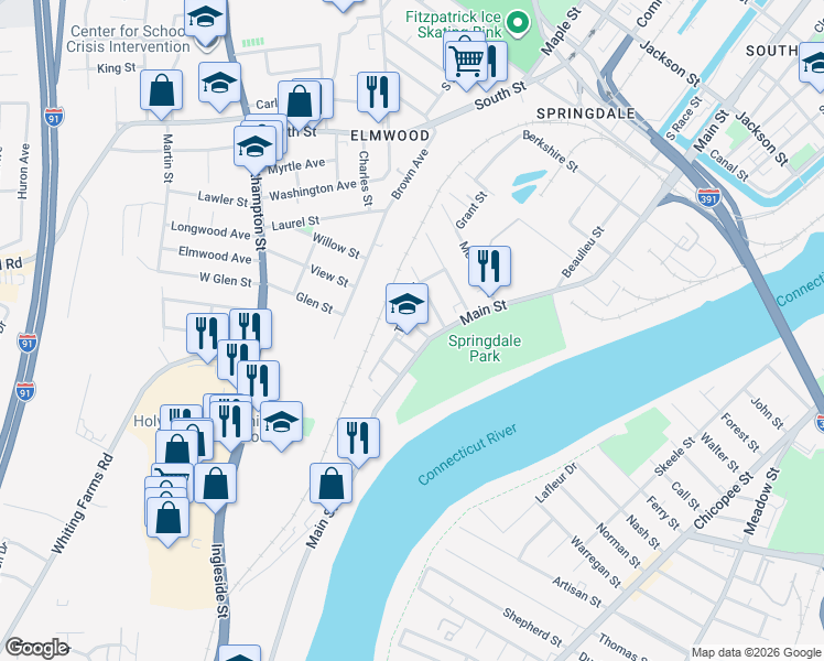 map of restaurants, bars, coffee shops, grocery stores, and more near 16 Springdale Avenue in Holyoke