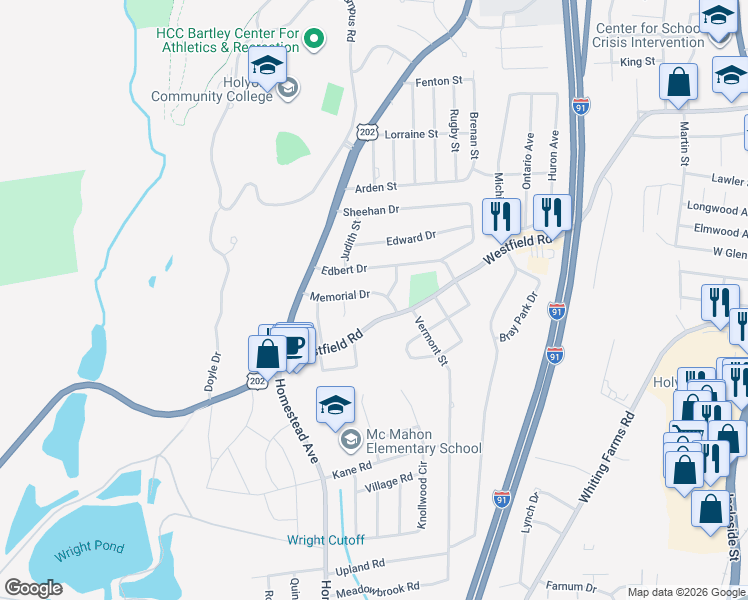 map of restaurants, bars, coffee shops, grocery stores, and more near 28 Memorial Dr in Holyoke