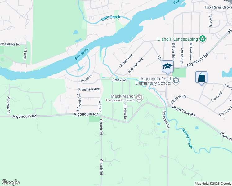 map of restaurants, bars, coffee shops, grocery stores, and more near 401 Crestview Drive in Fox River Grove