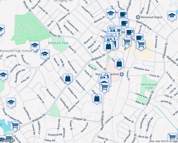 map of restaurants, bars, coffee shops, grocery stores, and more near 82 Hoyle Street in Norwood