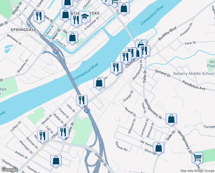 map of restaurants, bars, coffee shops, grocery stores, and more near in Chicopee