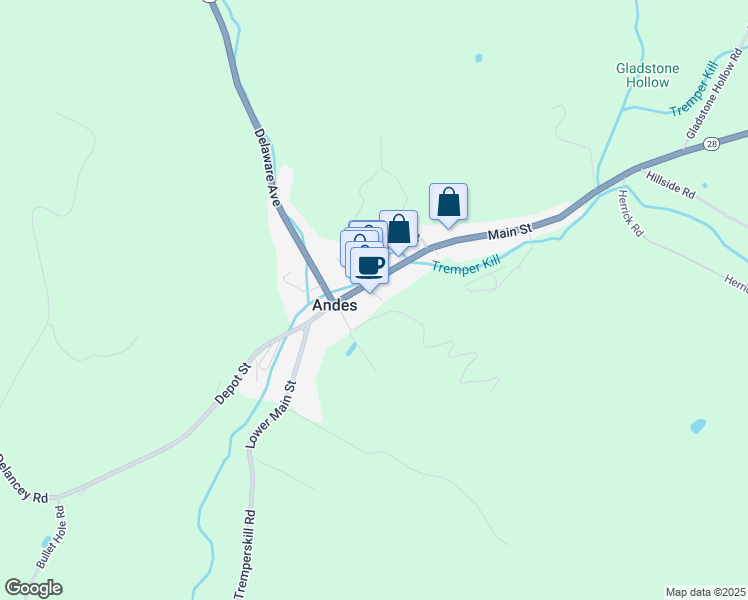 map of restaurants, bars, coffee shops, grocery stores, and more near 40 Lee Ln in Andes