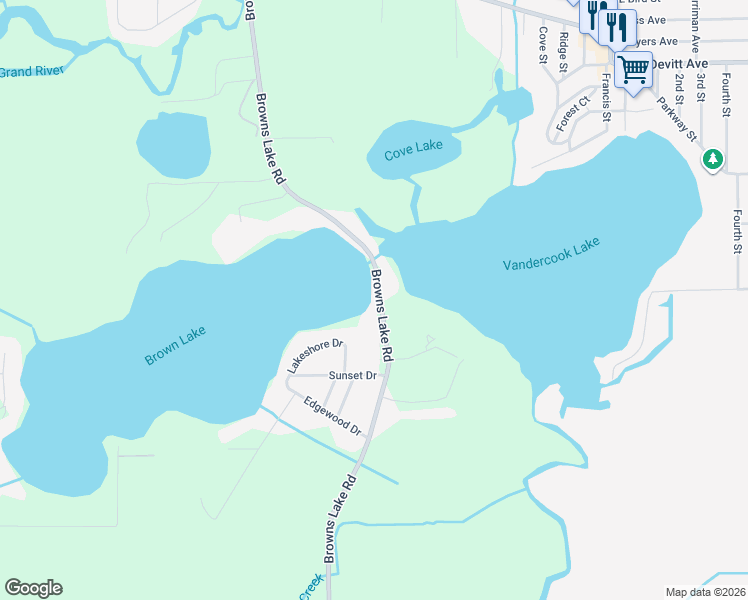 map of restaurants, bars, coffee shops, grocery stores, and more near 6074 Browns Lake Road in Jackson