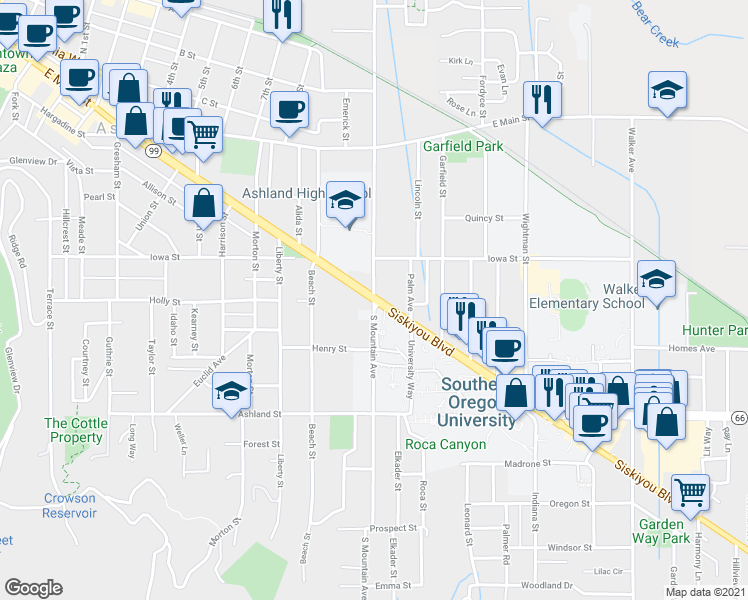 map of restaurants, bars, coffee shops, grocery stores, and more near Siskiyou Blvd & S Mountain Ave in Ashland