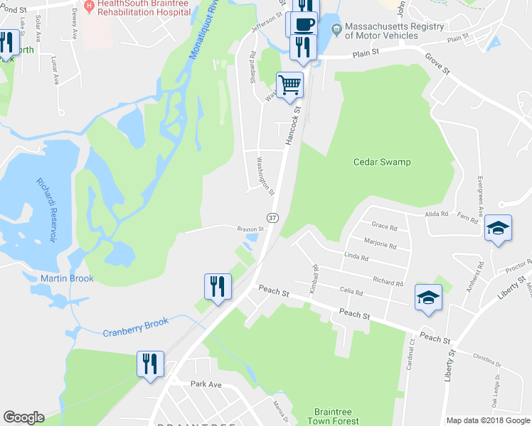 map of restaurants, bars, coffee shops, grocery stores, and more near 1431 Washington Street in Braintree
