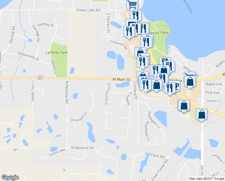 map of restaurants, bars, coffee shops, grocery stores, and more near 1064 Orchard Pond Court in Lake Zurich