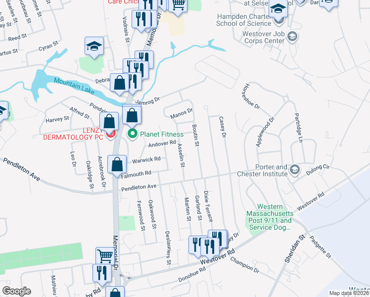 map of restaurants, bars, coffee shops, grocery stores, and more near 71 Asselin Street in Chicopee