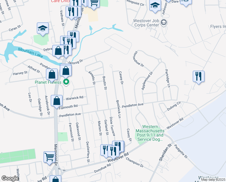 map of restaurants, bars, coffee shops, grocery stores, and more near 49 Boutin Street in Chicopee
