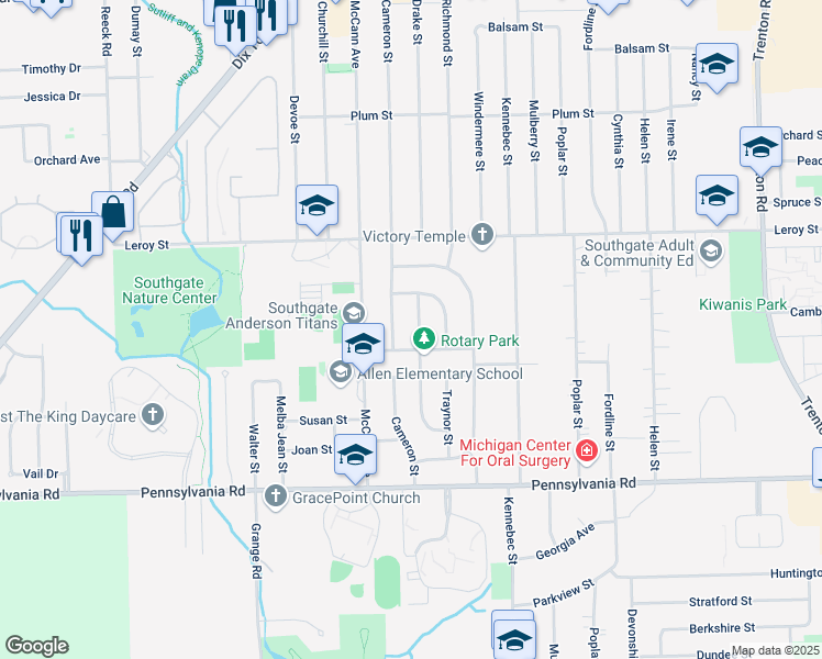map of restaurants, bars, coffee shops, grocery stores, and more near 16351 Drake Street in Southgate