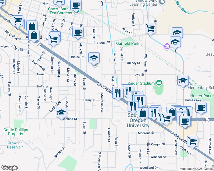 map of restaurants, bars, coffee shops, grocery stores, and more near 993 Siskiyou Boulevard in Ashland
