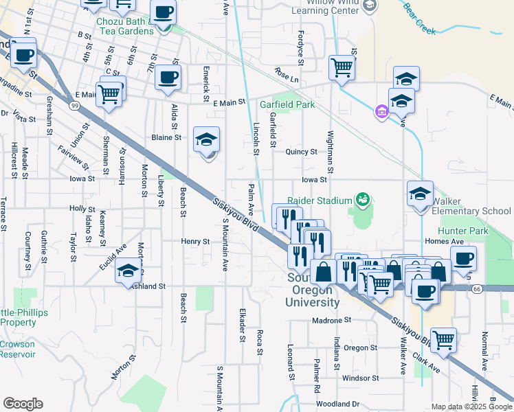 map of restaurants, bars, coffee shops, grocery stores, and more near 318 Palm Avenue in Ashland