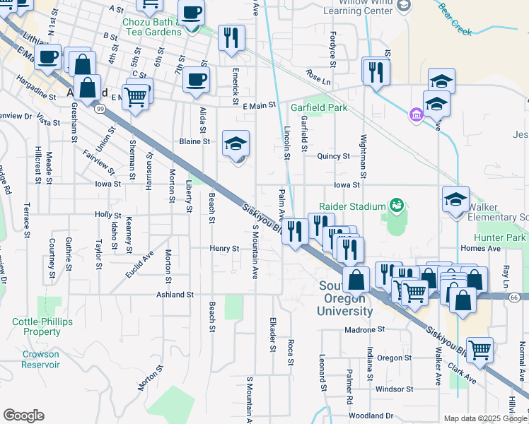 map of restaurants, bars, coffee shops, grocery stores, and more near 993 Siskiyou Boulevard in Ashland