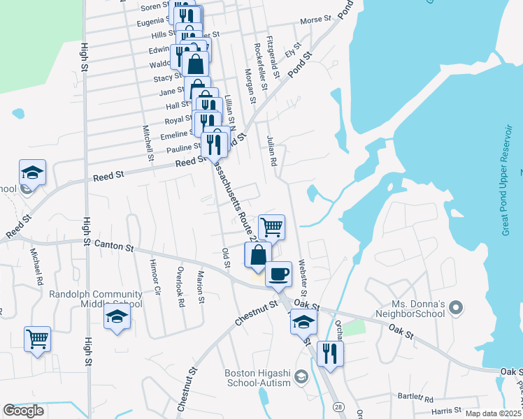 map of restaurants, bars, coffee shops, grocery stores, and more near 975 North Main Street in Randolph