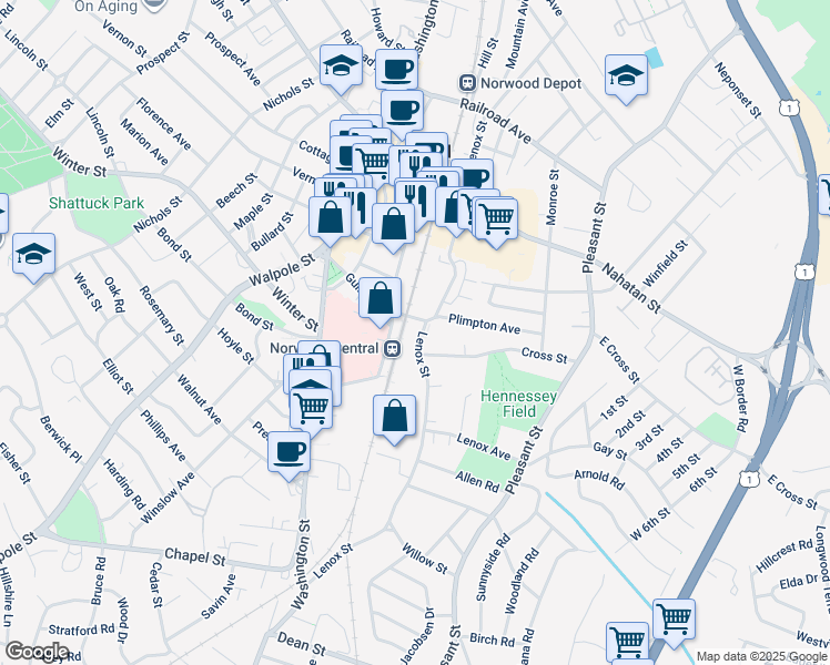 map of restaurants, bars, coffee shops, grocery stores, and more near 129 Guild Street in Norwood