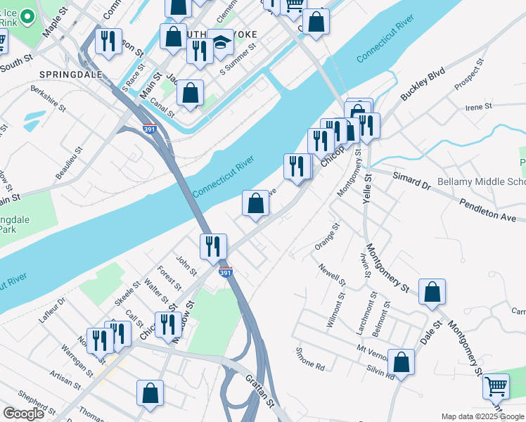 map of restaurants, bars, coffee shops, grocery stores, and more near 21 Leslie Street in Chicopee