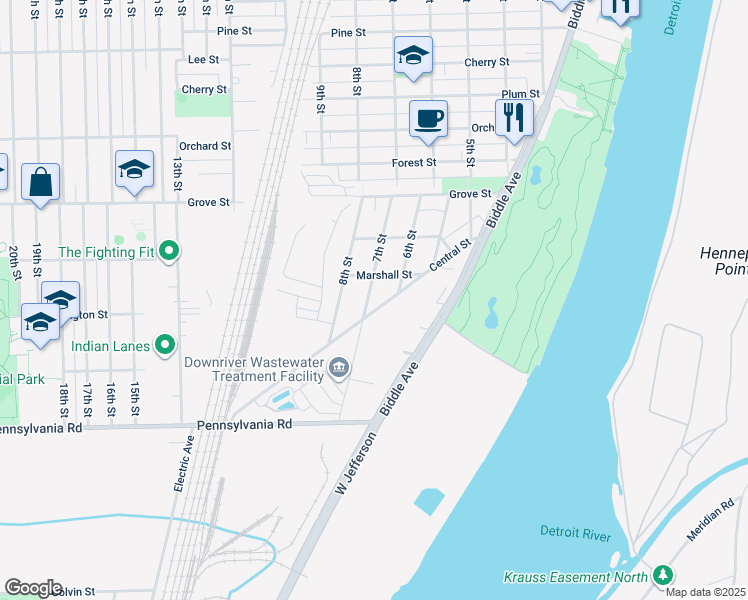 map of restaurants, bars, coffee shops, grocery stores, and more near 692 Central Street in Wyandotte