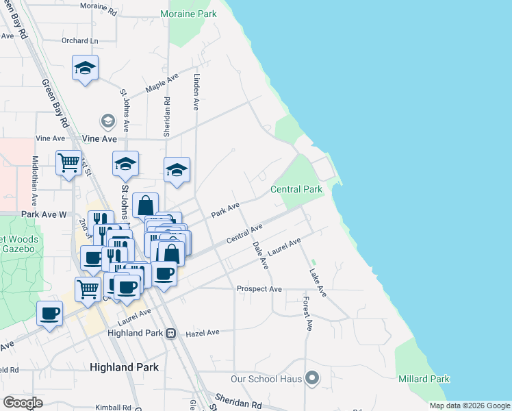 map of restaurants, bars, coffee shops, grocery stores, and more near 199 Central Avenue in Highland Park