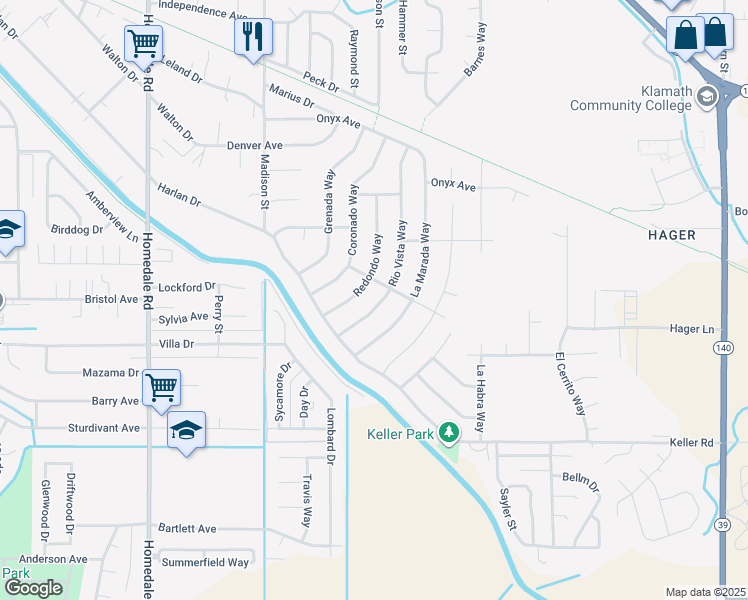 map of restaurants, bars, coffee shops, grocery stores, and more near 3934 Rio Vista Way in Klamath Falls