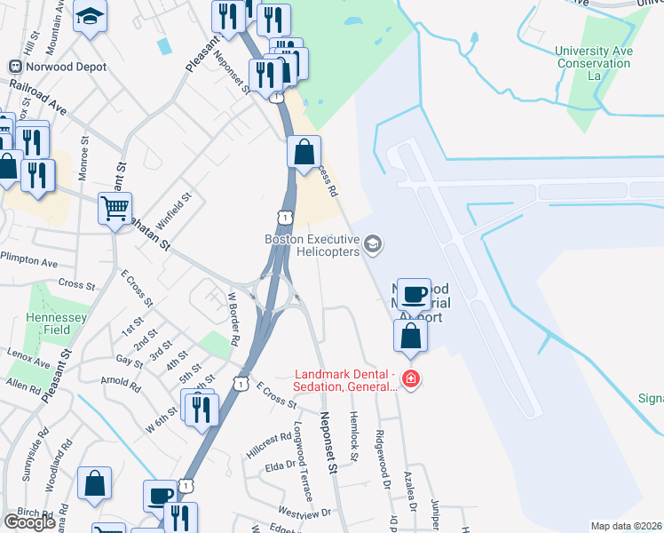 map of restaurants, bars, coffee shops, grocery stores, and more near 584 Neponset Street in Norwood