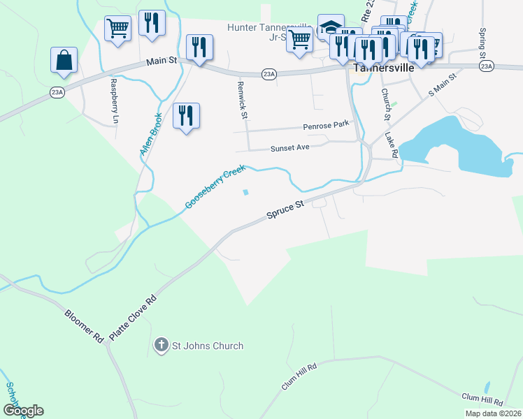 map of restaurants, bars, coffee shops, grocery stores, and more near 103-119 Spruce Street in Tannersville