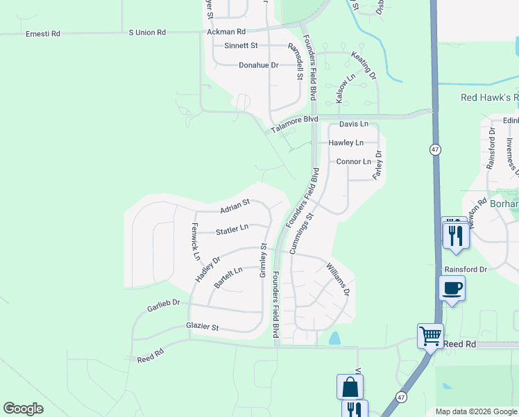 map of restaurants, bars, coffee shops, grocery stores, and more near 12194 Hadley Drive in Huntley
