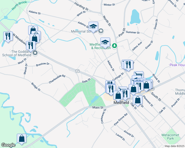 map of restaurants, bars, coffee shops, grocery stores, and more near 39 Dale Street in Medfield
