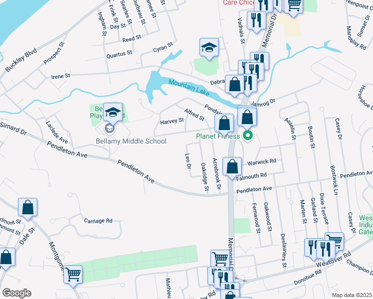 map of restaurants, bars, coffee shops, grocery stores, and more near 1 Leo Drive in Chicopee