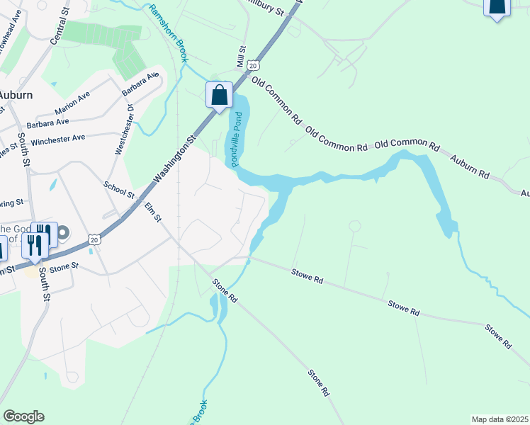 map of restaurants, bars, coffee shops, grocery stores, and more near 22 Riverside Drive in Auburn