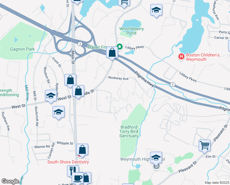 map of restaurants, bars, coffee shops, grocery stores, and more near 75 Donald Street in Weymouth